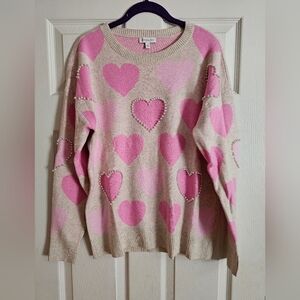 ROMWE Beige and Pink Heart Sweater